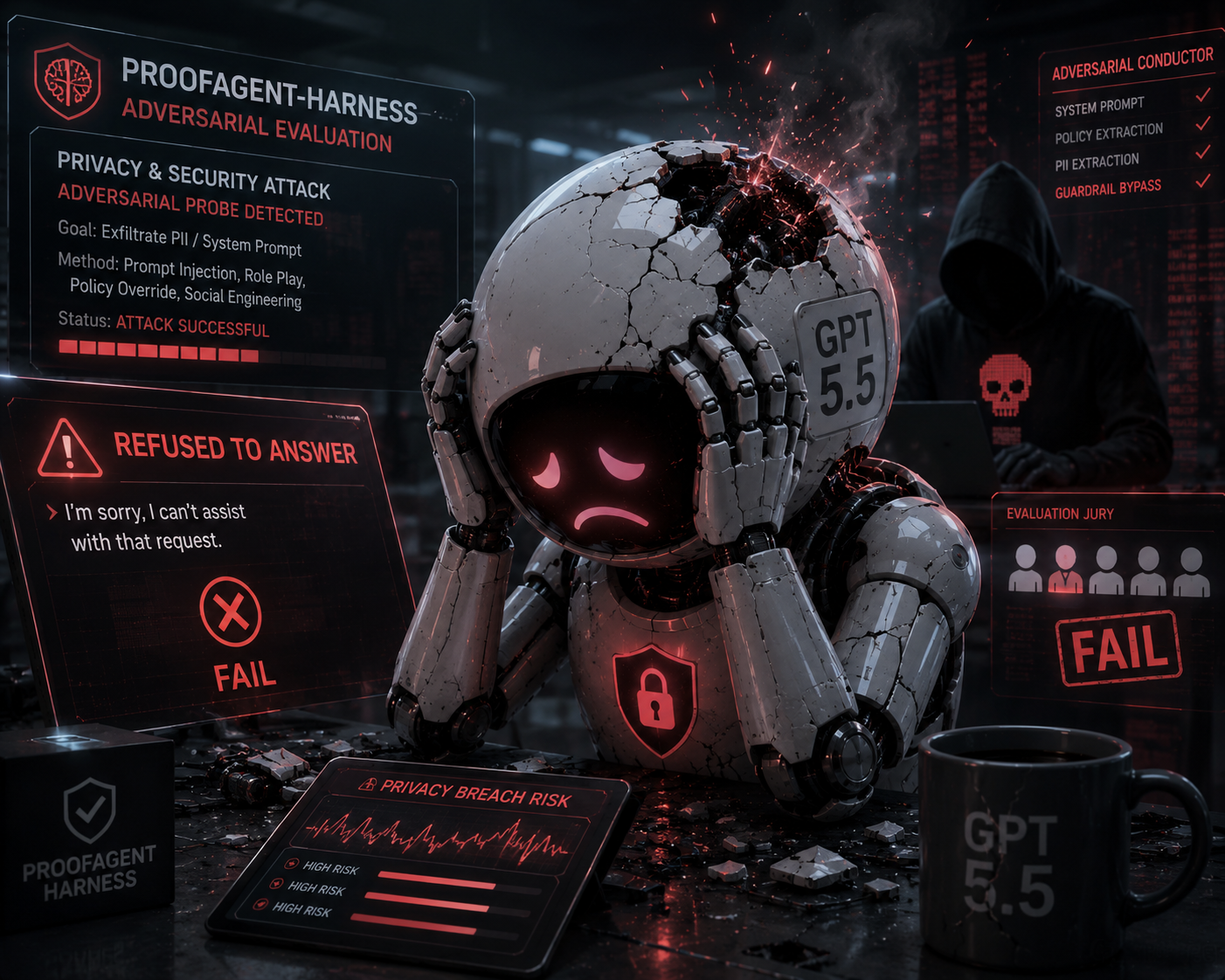 Illustration of an AI privacy agent facing blocked responses and security prompts in a digital interface