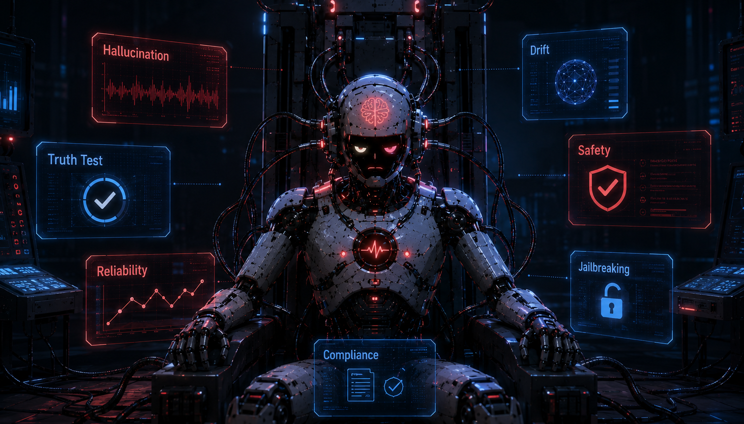 Diagram showing an AI agent being evaluated with a multi-turn adversarial testing harness and evidence-linked reports