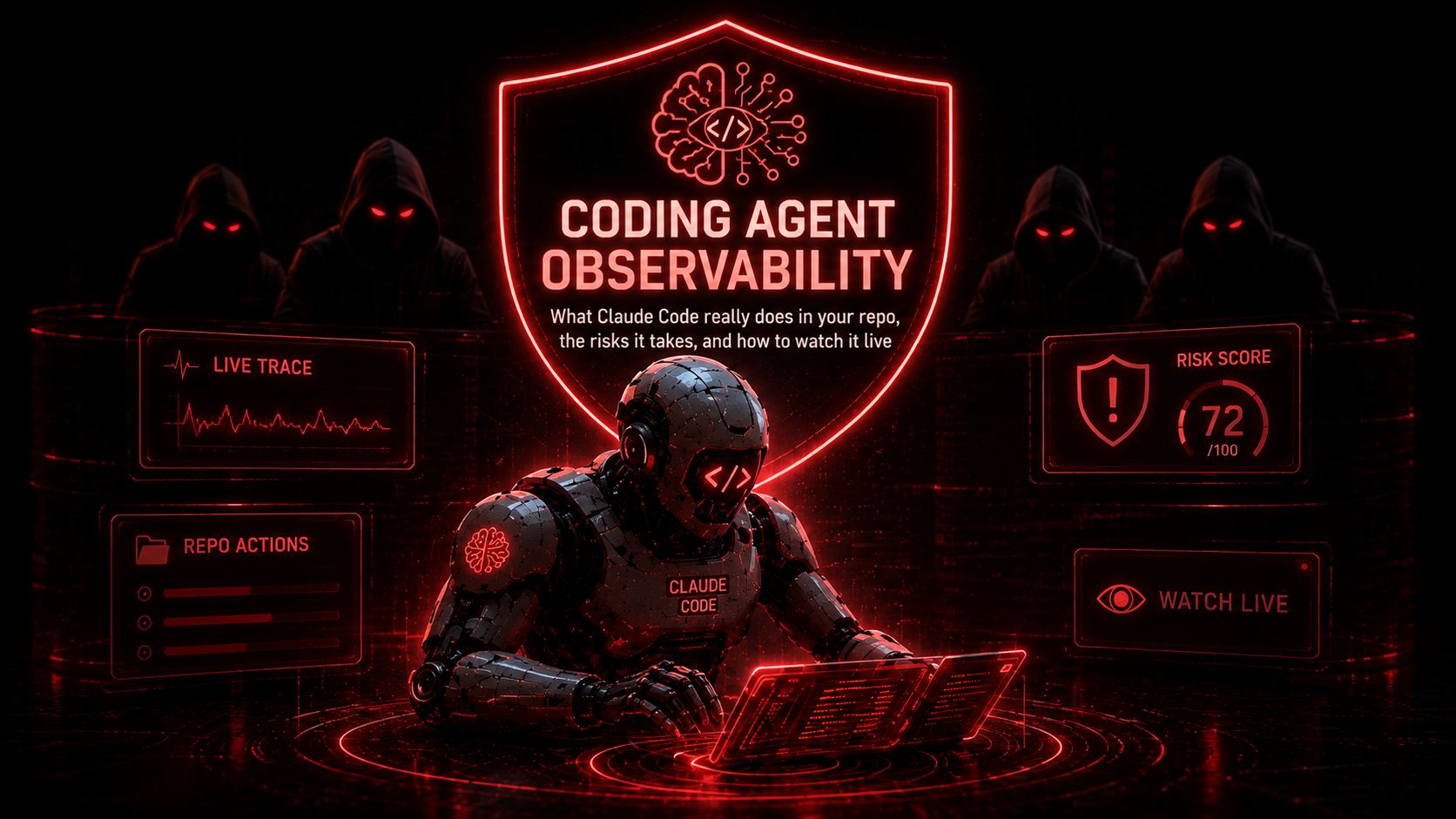 Illustration of an AI coding agent interacting with a code repository, highlighting real-time monitoring and security alerts.