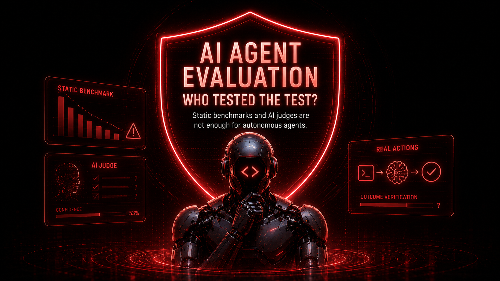 Illustration of an AI agent navigating complex evaluation metrics and decision points in a production environment.